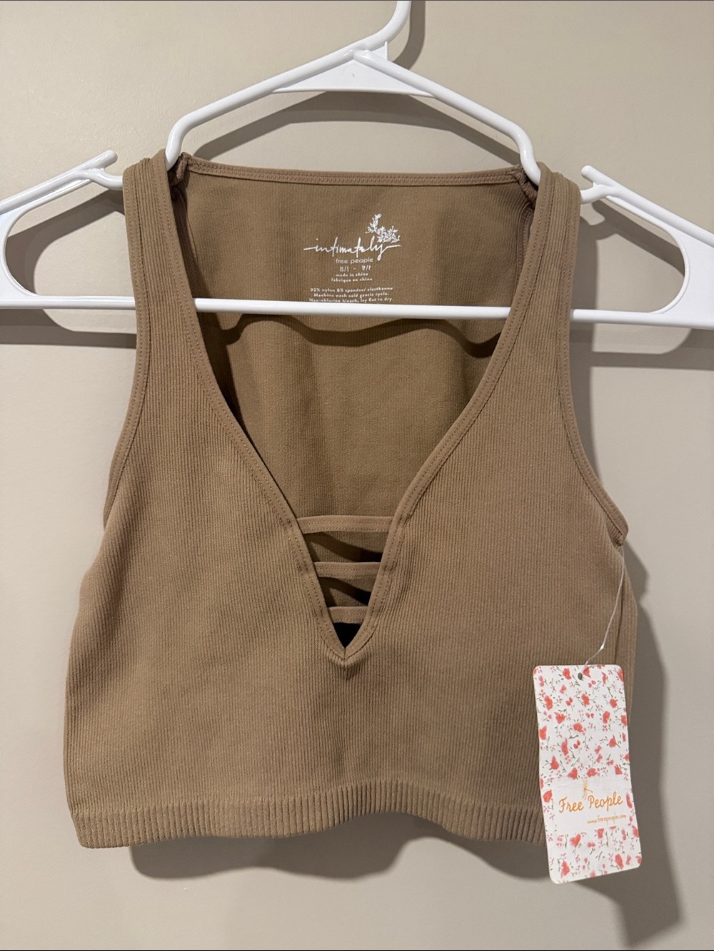 Free People Brown Ribbed Lace-Up V-Neck Crop Tank